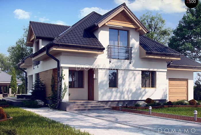 Проект загородного дома с гаражом, просторной гостиной, французскими балконами, чердаком