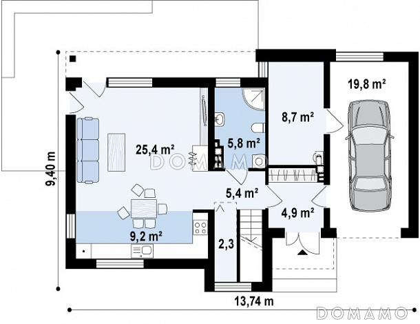 Проект современного двухэтажного дома из газобетона с техническим помещением, гаражом и открытой террасой на втором этаже / План 1 этажа