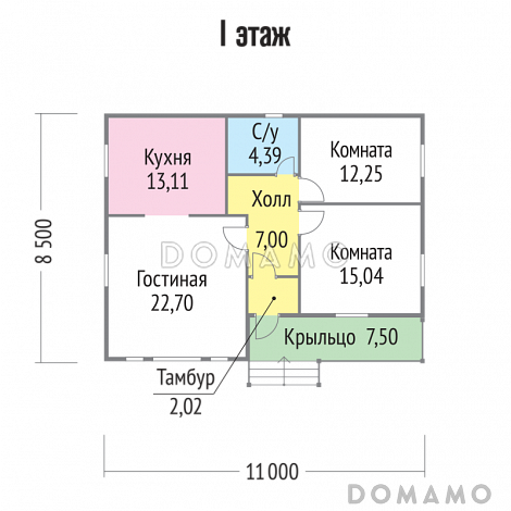 Проект бюджетного дома из клееного бруса с небольшой крытой террасой / План 1 этажа