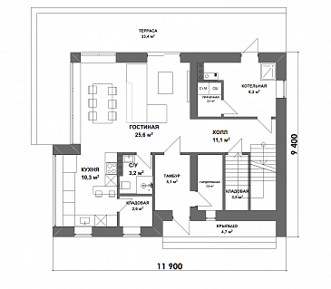 Проект двухэтажного дома в стиле хай-тек с террасой, 3 спальнями и личными гардеробными / План 1 этажа
