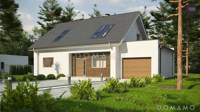 Проект одноэтажного коттеджа из газобетона с мансардным этажом, большой светлой гостиной и пристроенным гаражом