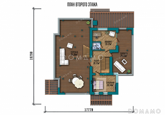 Проект современного дома с большими террасами на втором этаже и эксплуатируемой кровлей / План 2 этажа