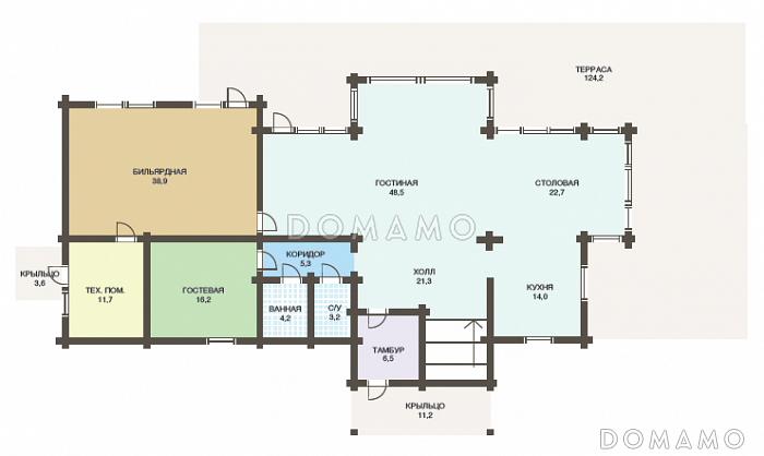 Проект большого деревянного дома из клееного бруса с бильярдной / План 1 этажа