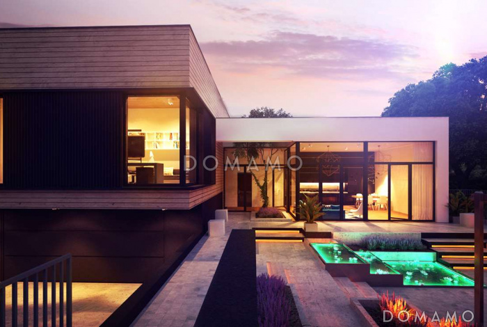 Проект современного двухэтажного дома из газобетона с плоской крышей, с двумя спальнями и подземным гаражом