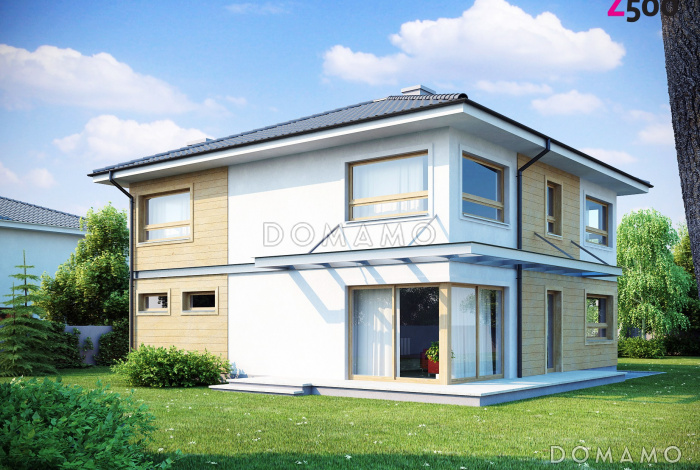 Проект двухэтажного дома из газобетона с четырьмя спальнями и удлинённым двухместным гаражом