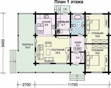 Проект деревянного одноэтажного дома с 2 спальнями / План 1 этажа