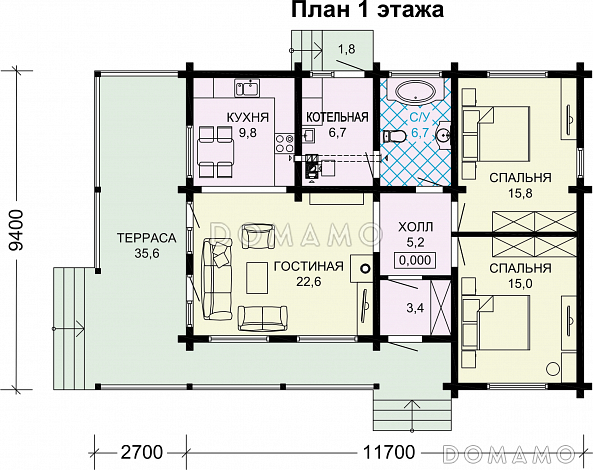 Проект деревянного одноэтажного дома с 2 спальнями / План 1 этажа