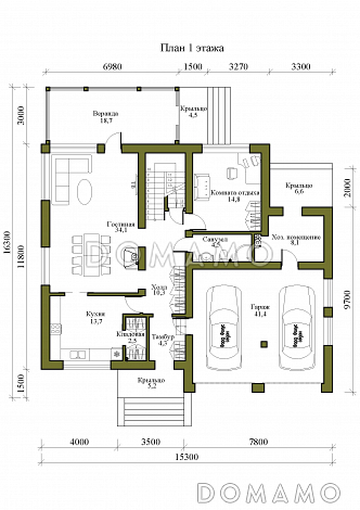 Проект двухэтажного дома с подвалом, гаражом и верандой / План 1 этажа