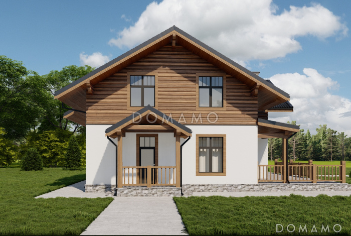 Проект двухэтажного кирпичного дома с просторной террасой, сауной и пятью спальнями