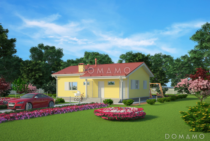 Проект одноэтажного каркасного дома с двумя спальнями и небольшой террасой