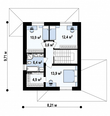Проект дома с кабинетом, объединенной кухней и гостиной, террасой, спальнями на втором этаже / План 2 этажа