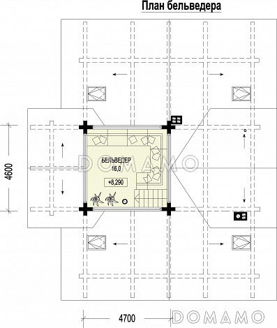 Проект двухэтажного дома из бруса с масштабной крытой террасой и бельведером / План 3 этажа