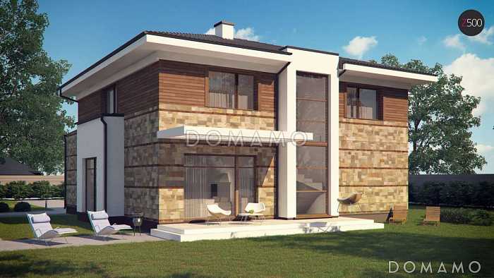 Проект современного двухэтажного дома из кирпича с четырьмя спальнями, сауной и большим гаражом