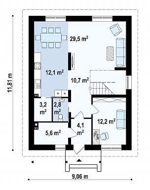 Проект современного двухэтажного дома из кирпича с четырьмя спальнями и кабинетом, без гаража / План 1 этажа