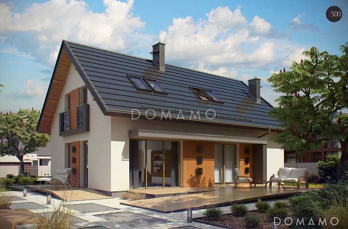 Проект одноэтажного мансардного дома из кирпича с кабинетом, гаражом и четырьмя спальнями