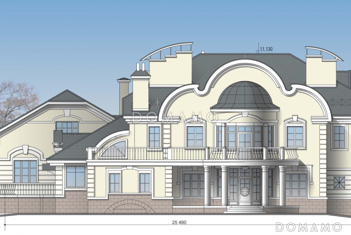 Проект коттеджа с двусветной гостиной и бассейном