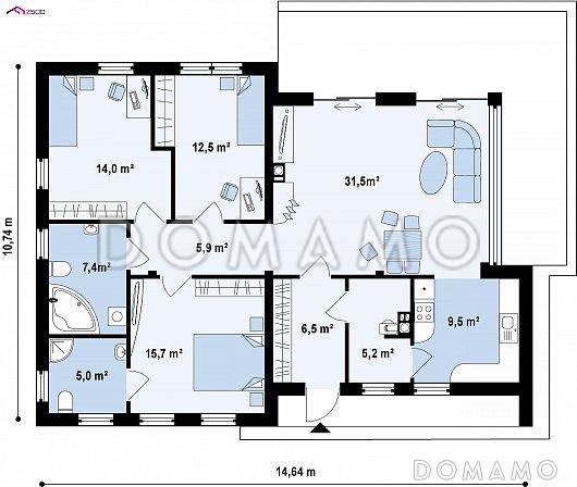 Проект компактного одноэтажного дома из кирпича с тремя спальнями и светлой просторной гостиной / План 1 этажа