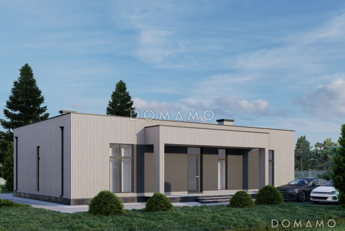 Проект одноэтажного кирпичного дома в стиле хай-тек с двумя спальнями, кабинетом и крытой террасой