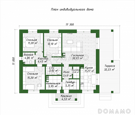 Проект дома из газобетона с большой гостиной, камином и 3 спальнями / План 1 этажа