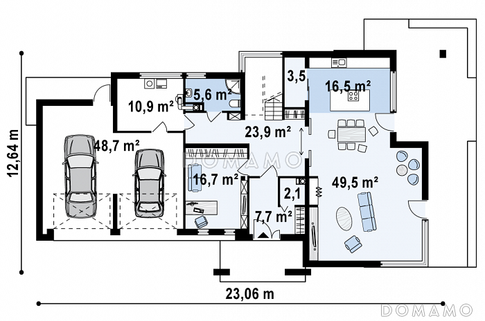 Проект современного двухэтажного дома в стиле хай-тек из газобетона с плоской крышей, балконом и гаражом с двумя отдельными въездами  / План 1 этажа