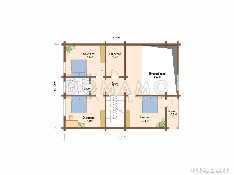 Проект деревянного дома с двухуровневой крышей / План мансардного этажа
