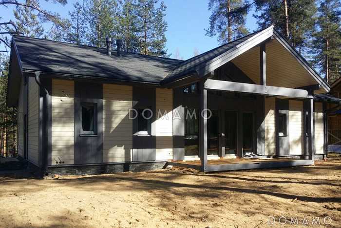 Проект скандинавского каркасного дома с панорамными окнами, большой гостиной и крытой террасой