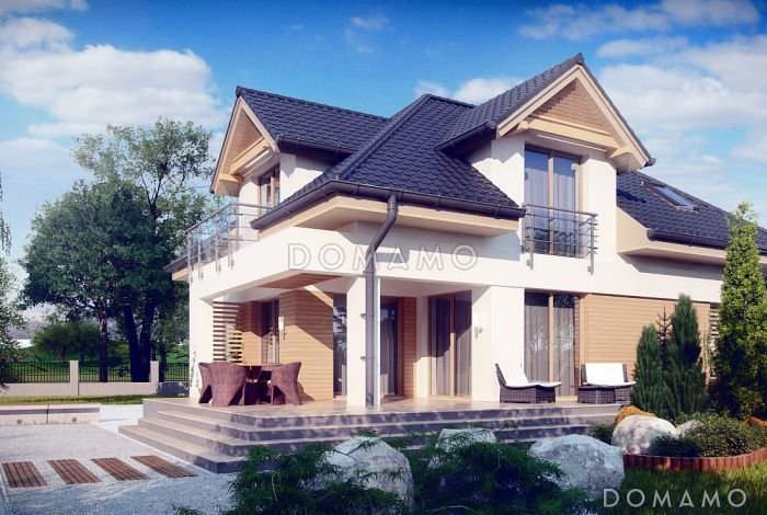 Проект загородного дома с гаражом, просторной гостиной, французскими балконами, чердаком