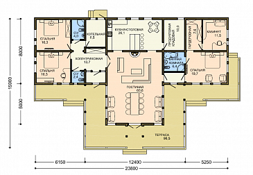Проект большого одноэтажного дома с обширной террасой и приватной хозяйской территорией / План 1 этажа