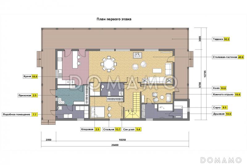 Проект дома из пеноблоков в стиле шале с сауной / План 1 этажа