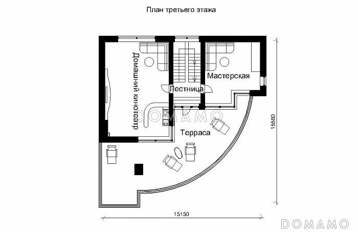 Проект трехэтажного дома с панорамными стеклами / План 3 этажа