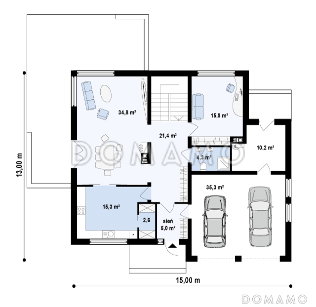 Проект просторного современного двухэтажного дома из газобетона, с пятью комнатами, гаражом и застеклённой террасой над ним / План 1 этажа