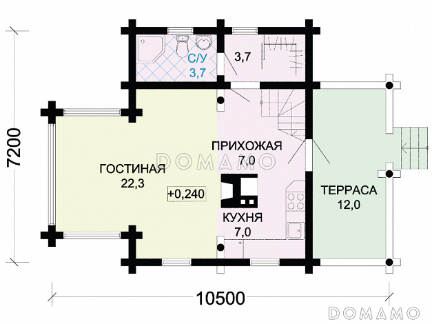 Проект компактного, деревянного дома с тремя спальнями и просторной гостинной / План 1 этажа