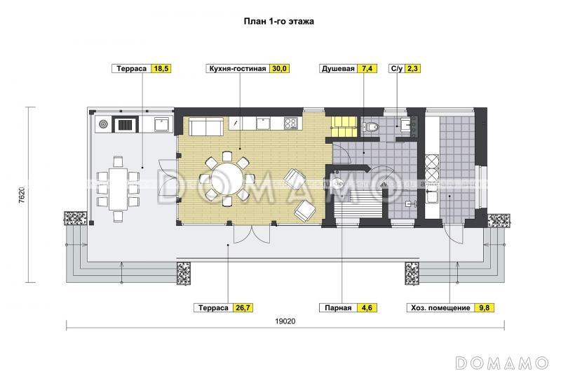 Проект дома с одной спальней на втором этаже, парной, душевой и крытой террасой с барбекю / План 1 этажа