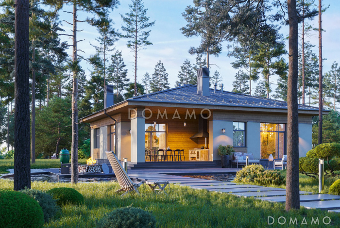 Проект каркасного дома с 3 спальнями, гостиной-столовой и террасой барбекю