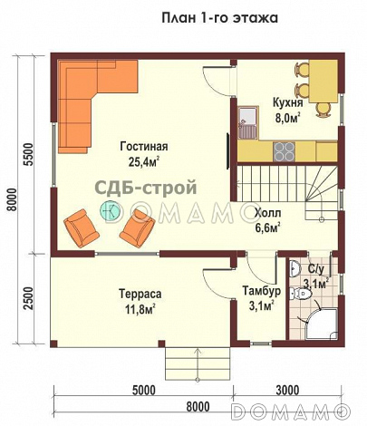 Дом из профилированного бруса ДПБ10 / План 1 этажа