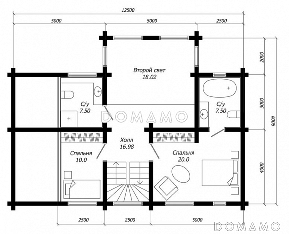 Проект дома из клееного бруса с гостиной эффектно совмещеной с зоной второго света / План 2 этажа
