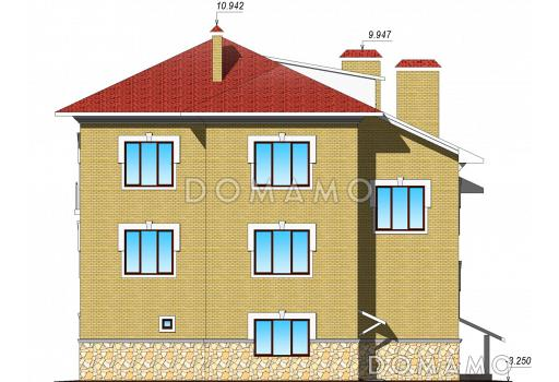 Проект двухэтажного коттеджа с цокольным этажом, гаражом и парной / Фасад 2