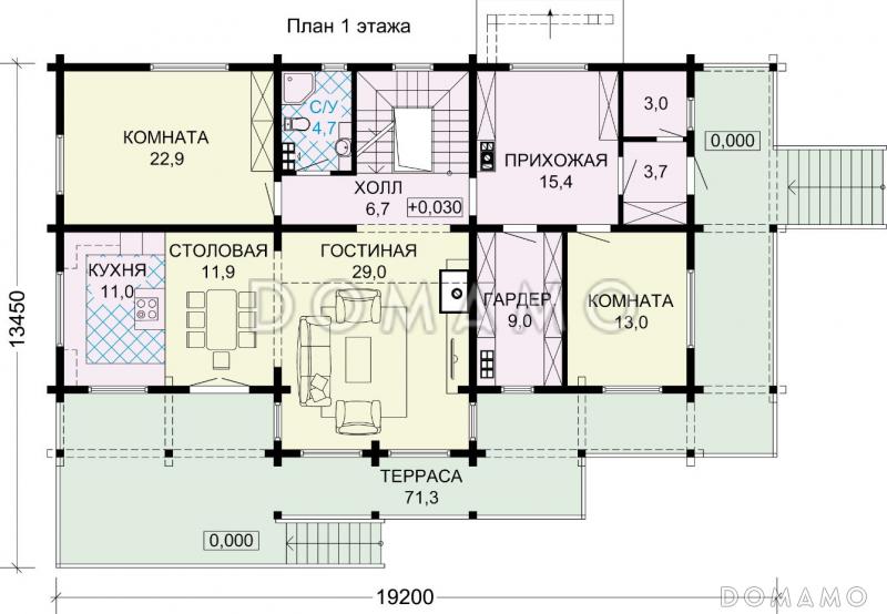 Проект особняка из бруса с цокольным этажем, тренажерным залом и панорамнымии окнами / План 1 этажа