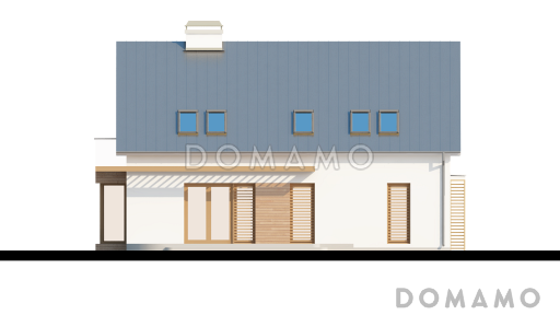 Проект одноэтажного мансардного дома из кирпича со стеклянным эркером в кухонной зоне и гаражом / Фасад 3