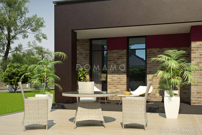 Проект современного двухэтажного дома из кирпича с четырьмя спальнями, большим гаражом и сауной