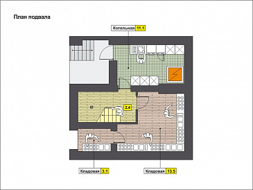 Проект дома с котельной в подвале, двумя кладовыми, спальнями с гардеробом / План цокольного этажа