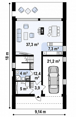 Проект одноэтажного мансардного дома из газобетона с балконом и современными элементами экстерьера и встроенным гаражом / План 1 этажа
