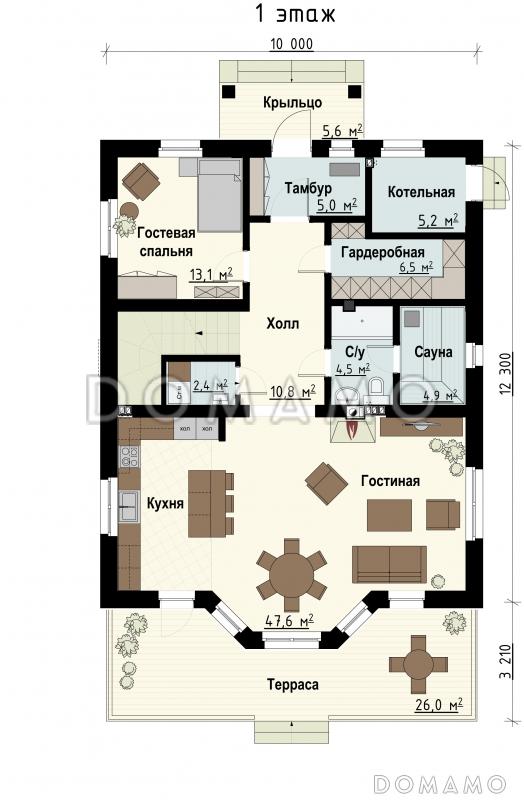 Проект загородного дома с террасой, гостиной с эркером, сауной, пятью спальнями на мансардном этаже / План 1 этажа