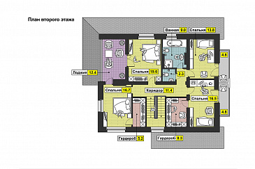 Загородный дом с бильярдной и спортзалом в цокольном этаже, барбекю на террасе, просторной кухней, лоджией и балконами / План мансардного этажа