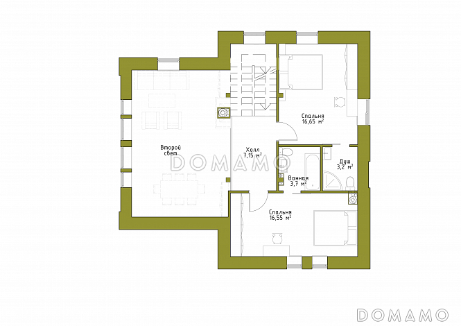 Проект коттеджа с двусветной гостиной и террасой. / План мансардного этажа