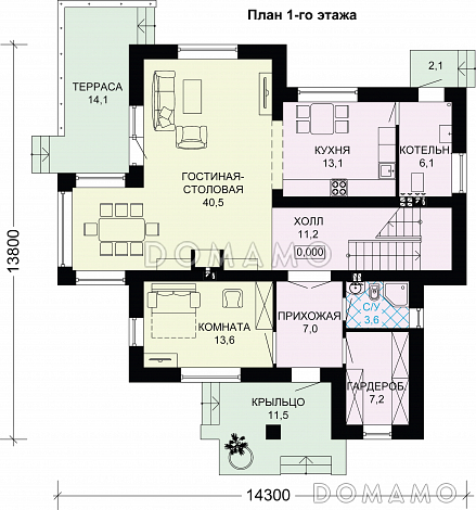 Проект кирпичного дома с санузлом в спальной комнате / План 1 этажа