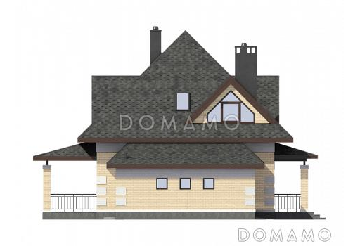 Проект дома из кирпича с гаражом, эркером в кухне, террасой / Фасад 2