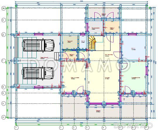 Проект дома из клееного бруса с гаражом на 2 машины / План 1 этажа