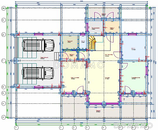 Проект дома из клееного бруса с гаражом на 2 машины / План 1 этажа