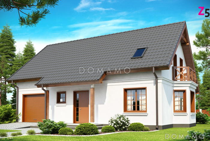 Проект одноэтажного мансардного дома из кирпича с эркером в столовой зоне и со встроенным гаражом